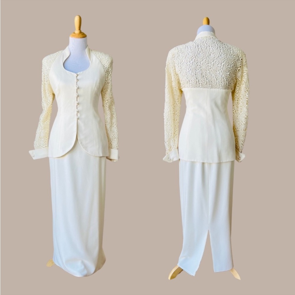 Vintage Bernadette Union Tag Blazer and Skirt Ivory Bridal Set w/ Pearl Buttons